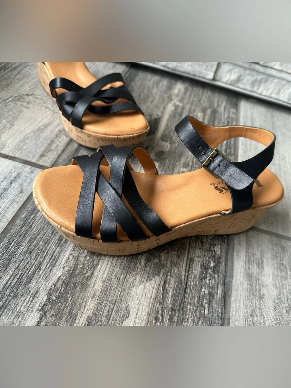 Kork-Ease Black Leather Wedge Sandals Adjustable Ankle Strap Size 7